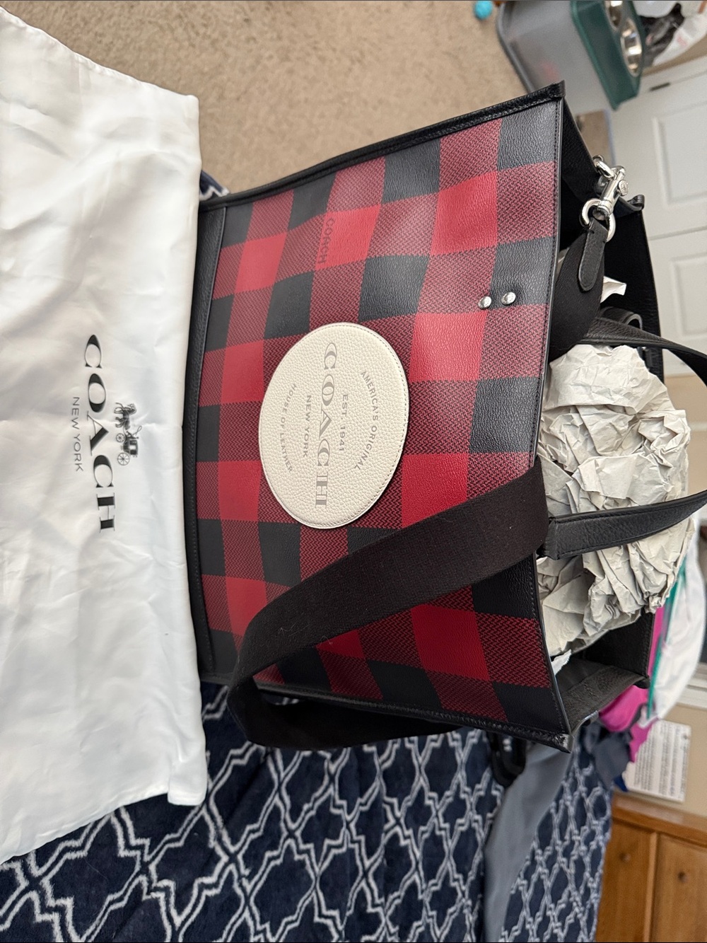 Coach Red & Black Buffalo Plaid Tote with Cream Logo Patch